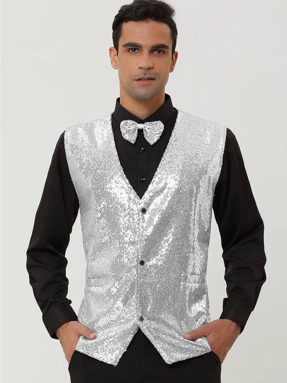 Lars Amadeus Men's Sequin Shiny Slim Fit Vest with Bow Tie - medium nwt